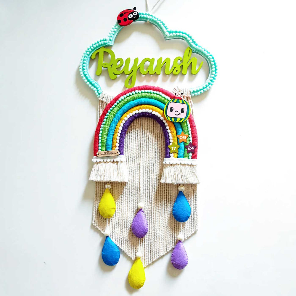 Macrame Cloud Rainbow With Cocomelon Personalized Kids Name Plate - Hanging Front View with Name Personalization