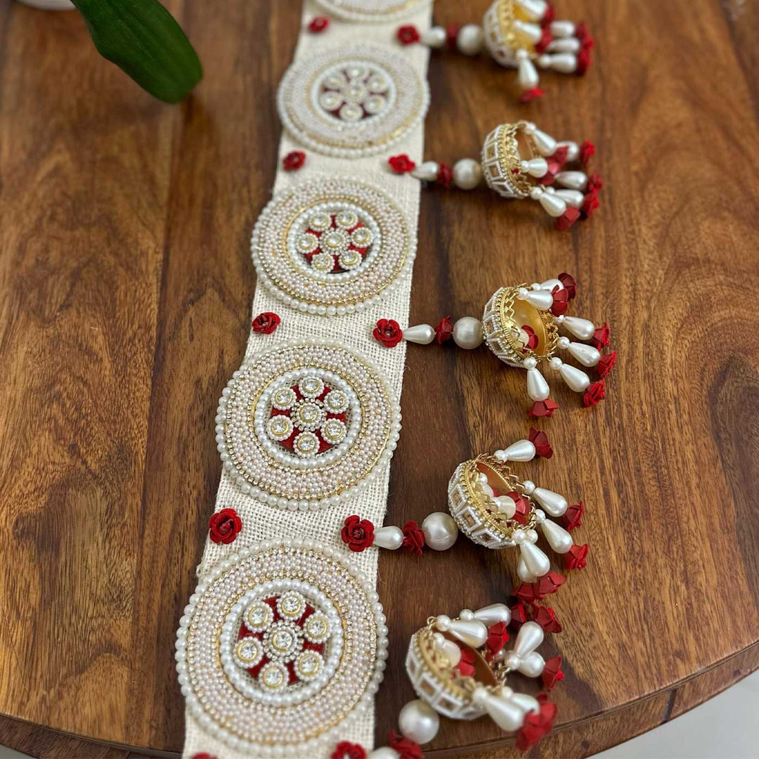 40 In | Handmade Beaded Boho Red And White Jute Toran