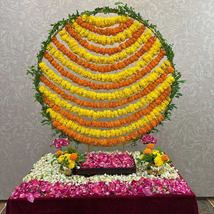 Gold Powder Coated Metal Circle Backdrop Stand With Jaali Design For Pooja Decor