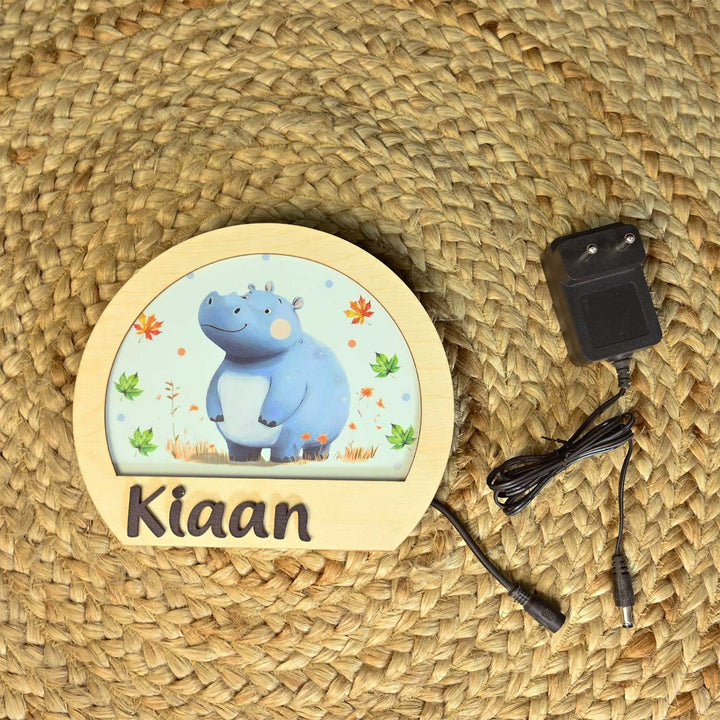 Personalized Hippo Theme Wooden Table Lamp For Kids With 3D Letters