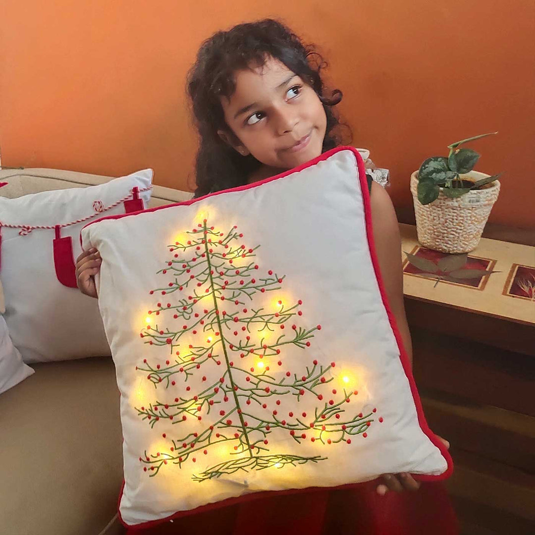 Handmade Cotton Embroidered Cushion Cover With Light