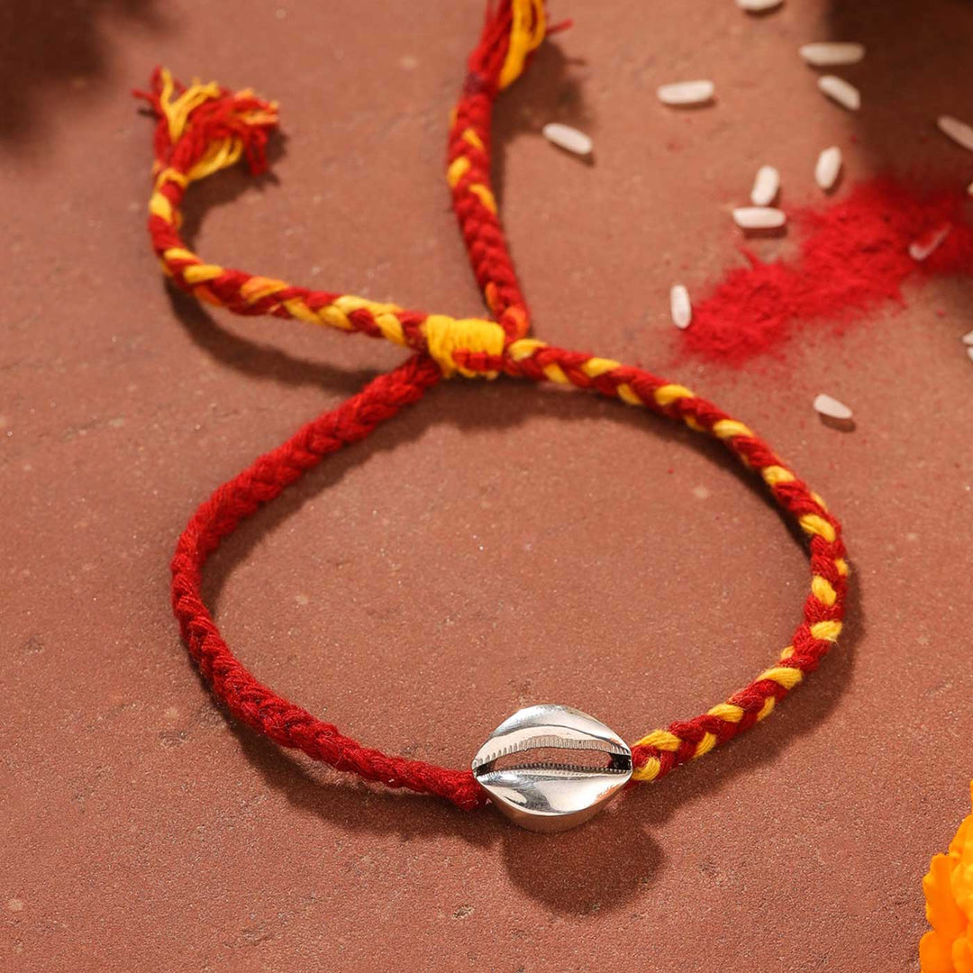 Handmade Shell Design Silver Rakhi For Brother - Braided Rope Bracelet Front View