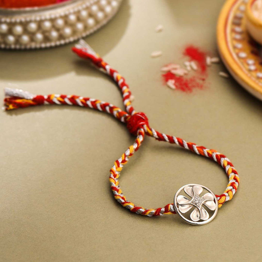 Handmade Clover Leaf Design Silver Rakhi For Brother - Single Rakhi Laid Flat
