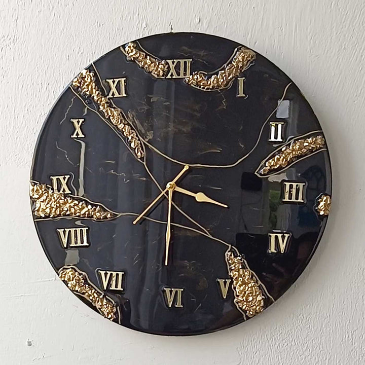 Handmade Black & Gold Marble Theme Resin Wall Clock