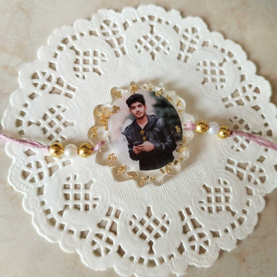 Photo Personalized Flower Shape Resin Rakhi - Full View of Decorative Charm Bracelet