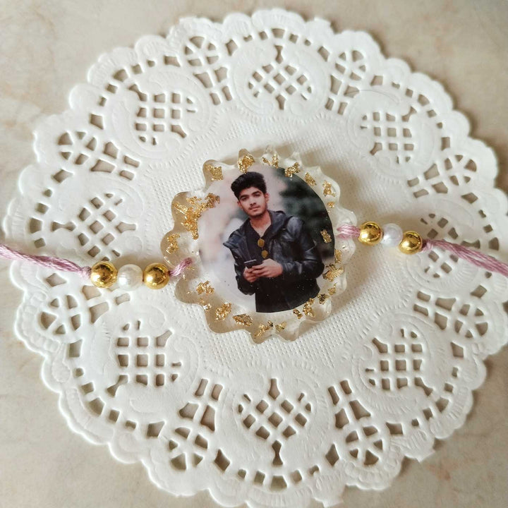 Photo Personalized Flower Shape Resin Rakhi - Full View of Decorative Charm Bracelet