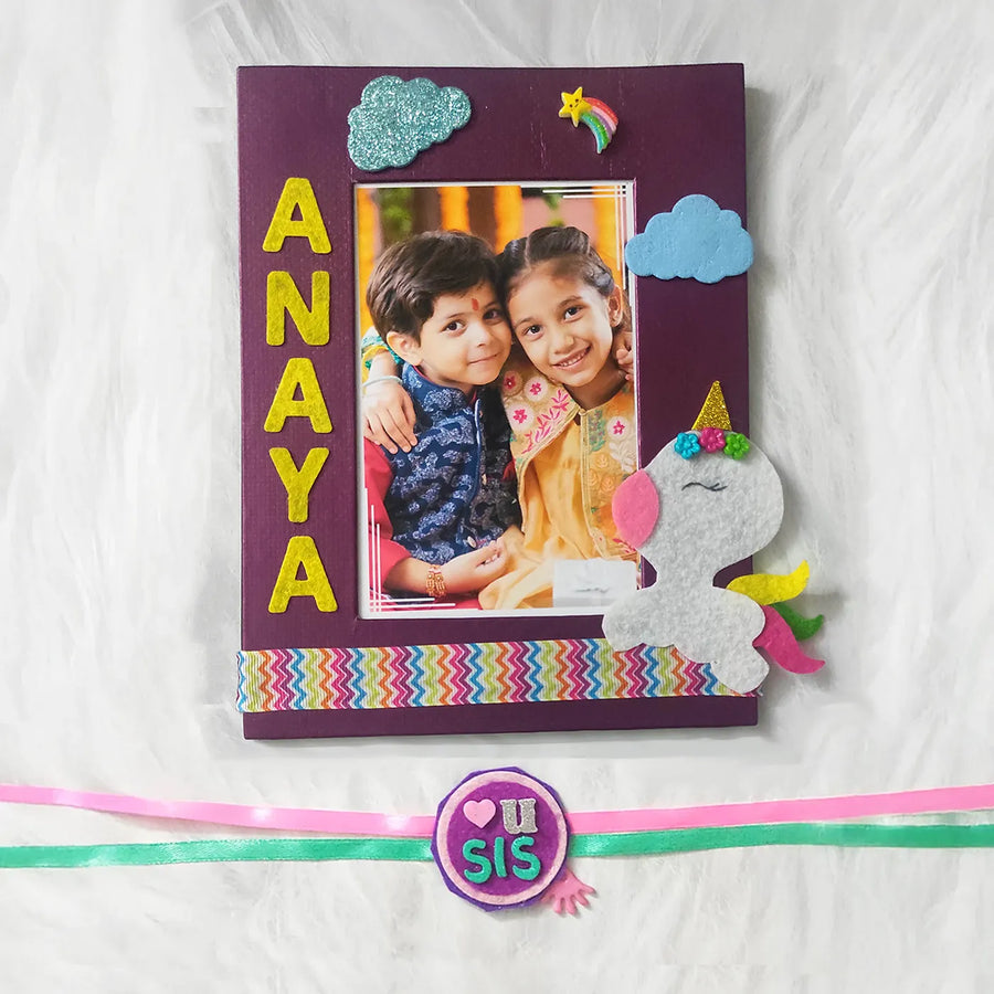 Photo Personalized Unicorn Theme Felt Rakhi Hamper With Roli Chawal Includes 1 Photo Frame 1 Rakhi - Personalized Photo Frame Front View