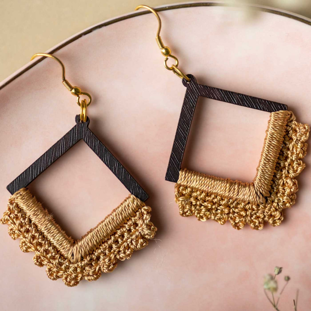 Handmade Crochet Beige Square Loop Earrings