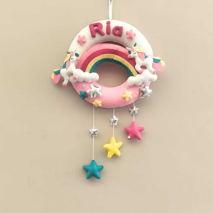 Personalized White And Pink Unicorn Theme Round Felt Kids Nameplate - Front View Hanging Display with Name