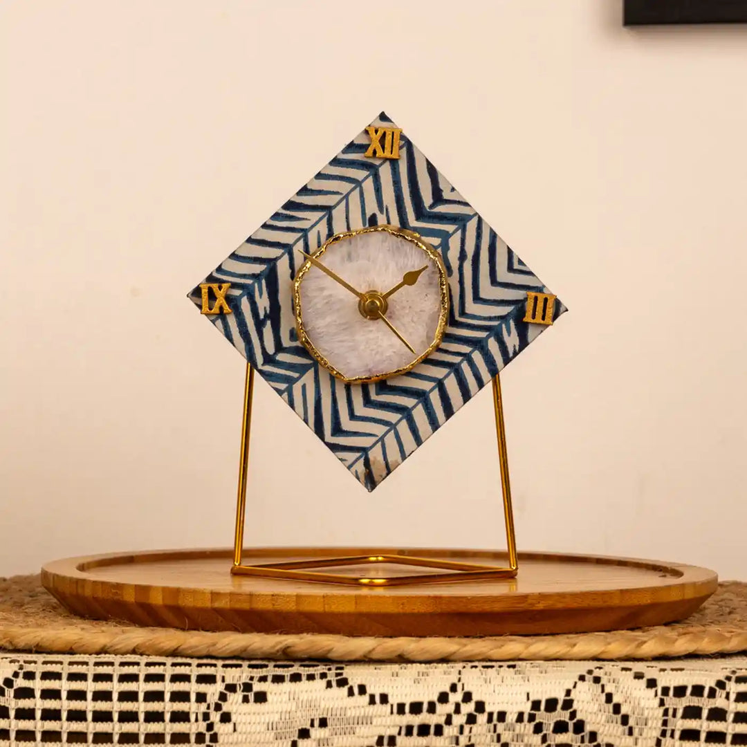 Blue Diamond Cotton Fabric Coated MDF Desk Clock With Agate Accent | 6 x 4 x 3.5 inch