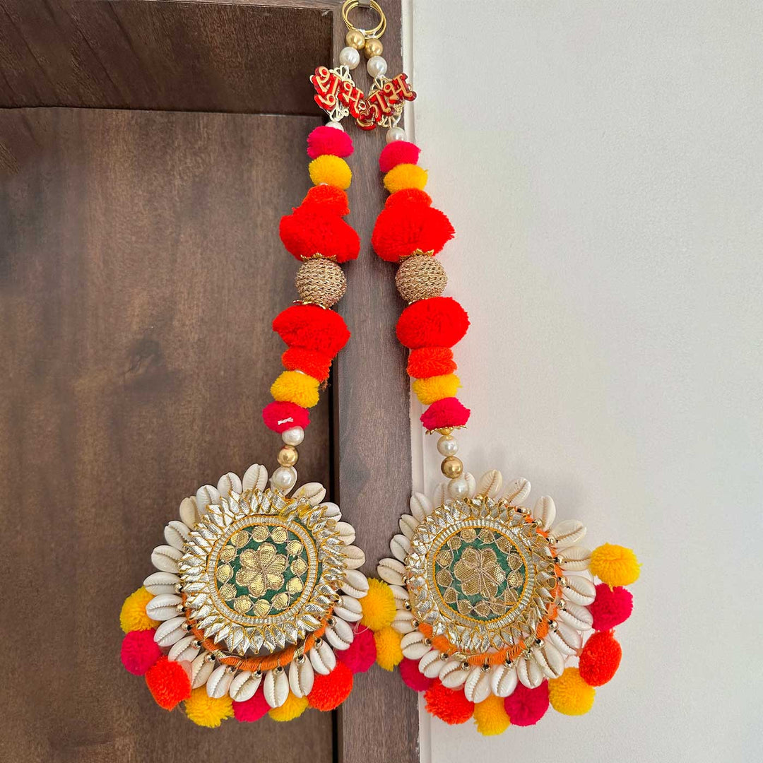 2 Pc | Handmade Pom Pom Shubh Labh Hanging With Shell Bangles