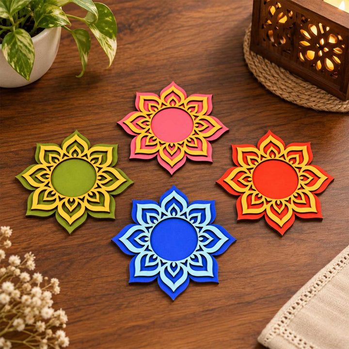Set of 4 | Handcrafted Colourful Mandala Wooden Tealight Holders