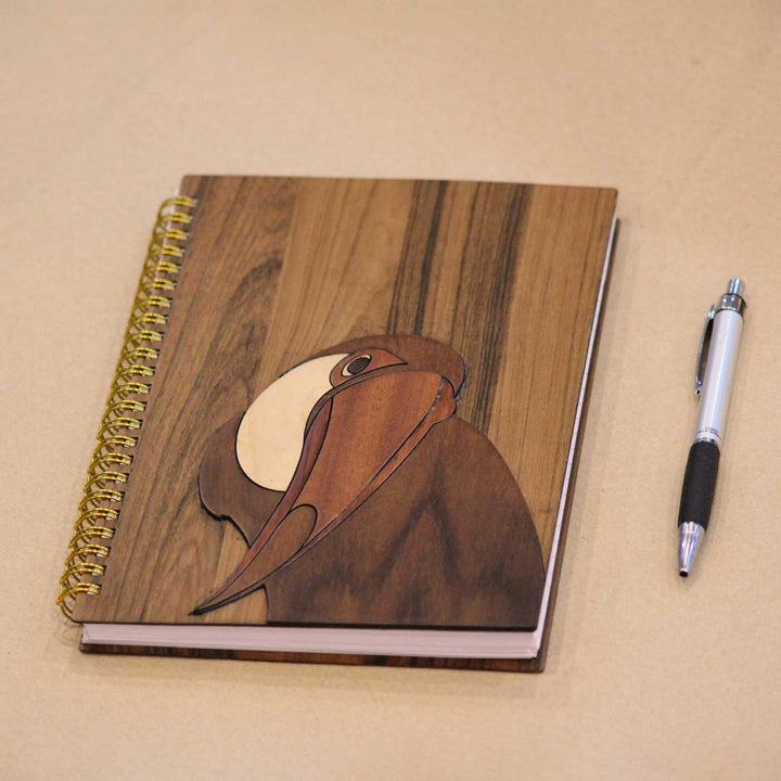 Handmade Toucan Bird Teak Wood Notebook | A5 Size | Spiral Bound | 100 Plain Pages