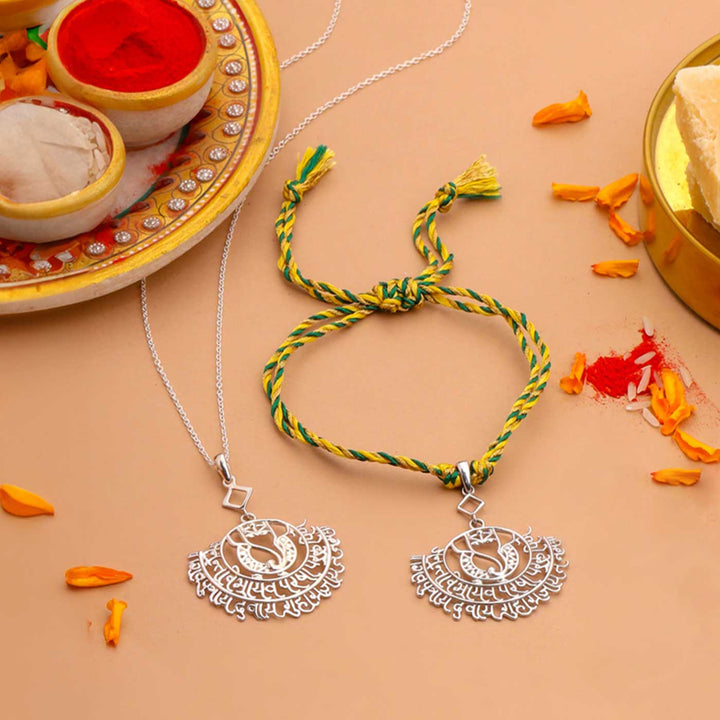 Handmade Ganesha Theme Religious Silver Lumba Rakhi For Bhabhi - Festive Arrangement with Pendant and Rakhi