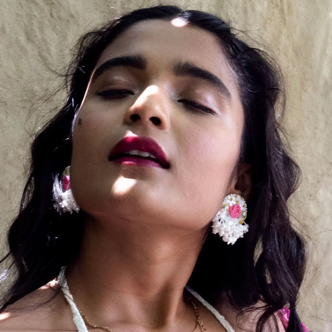 Hand Embroidered Beaded White & Pink Traditional Style Cotton Earrings