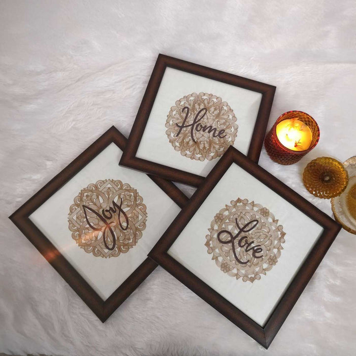 Personalized Embroidered "Home, Joy & Love" MDF Wood Decorative Plaque | Set Of 3