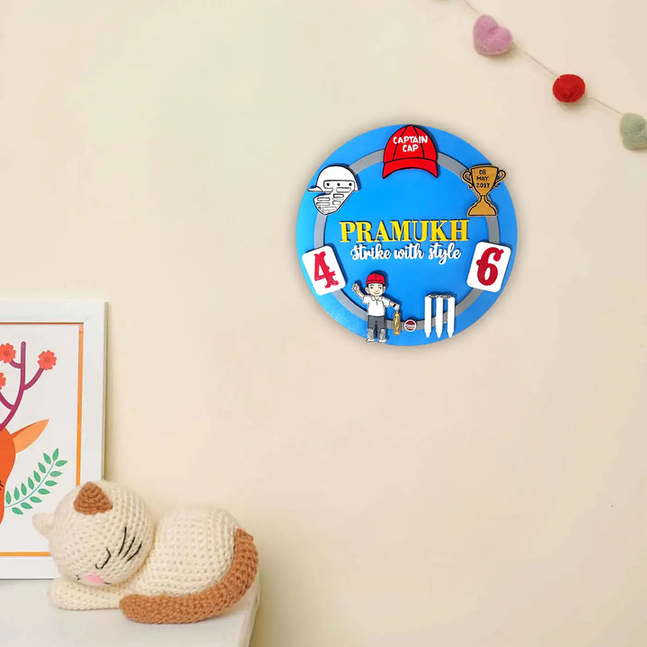 Personalized Cricket Theme MDF Wood Kids Name Plate