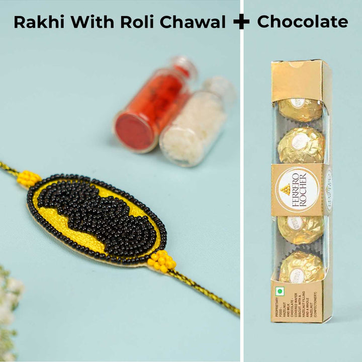 Handmade Beaded Batman Theme Rakhi With Roli Chawal For Brother - Rakhi with Roli Chawal and Chocolate
