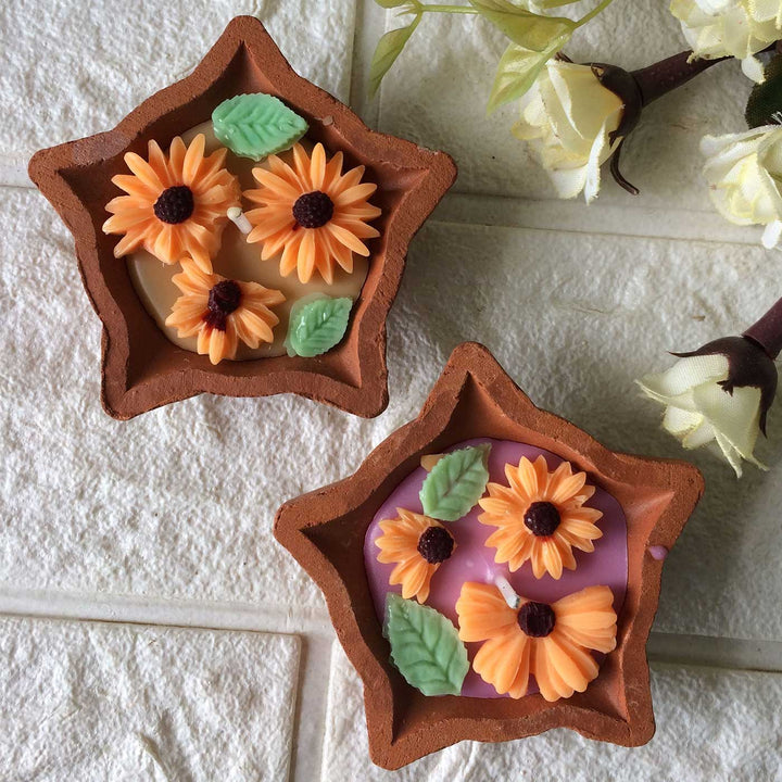 4 pc | Handmade Orange Floral Diya Shaped Terracotta Candle
