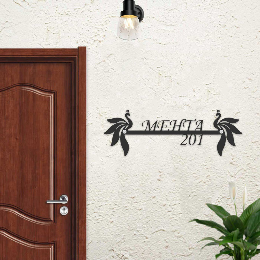 Personalized Two Peacocks Laser Cut Metal Name Plate - Mounted on Entryway Wall