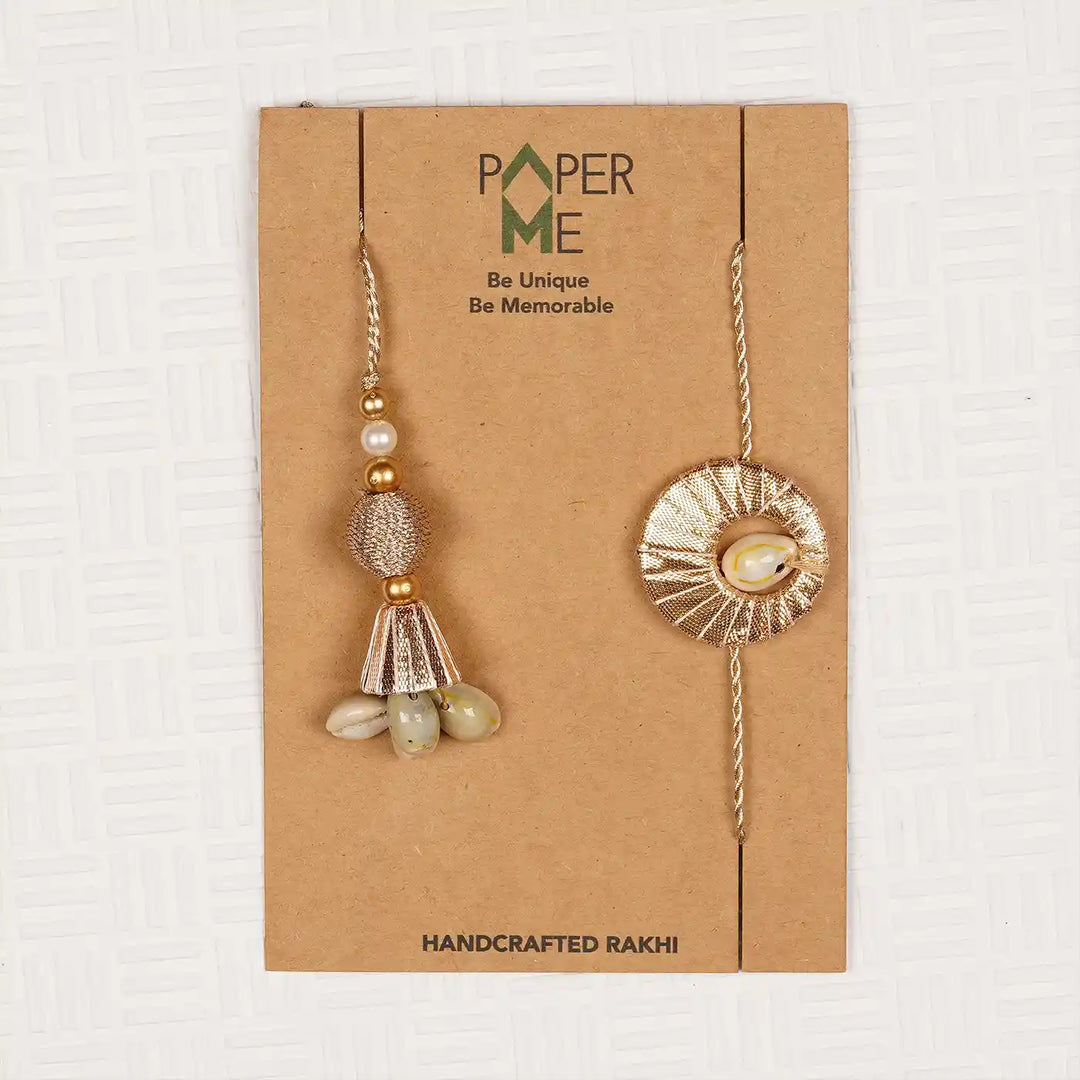 Handmade Gota Patti And Shells Bhaiya Bhabhi Rakhi With Roli Chawal Set Of 2 - In Packaging with Branding