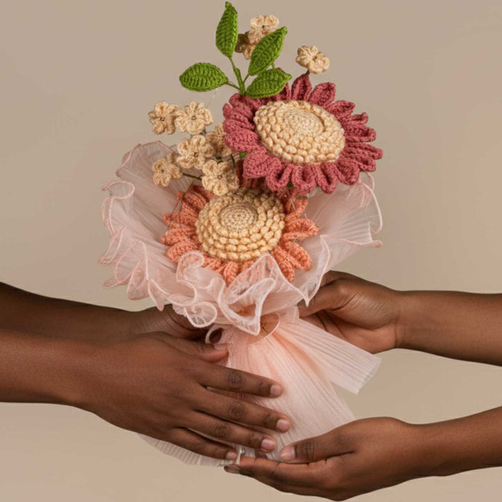 Handmade Crochet Bare Bloom Flower Bouquet With Lights | Includes Photo & Greeting Card