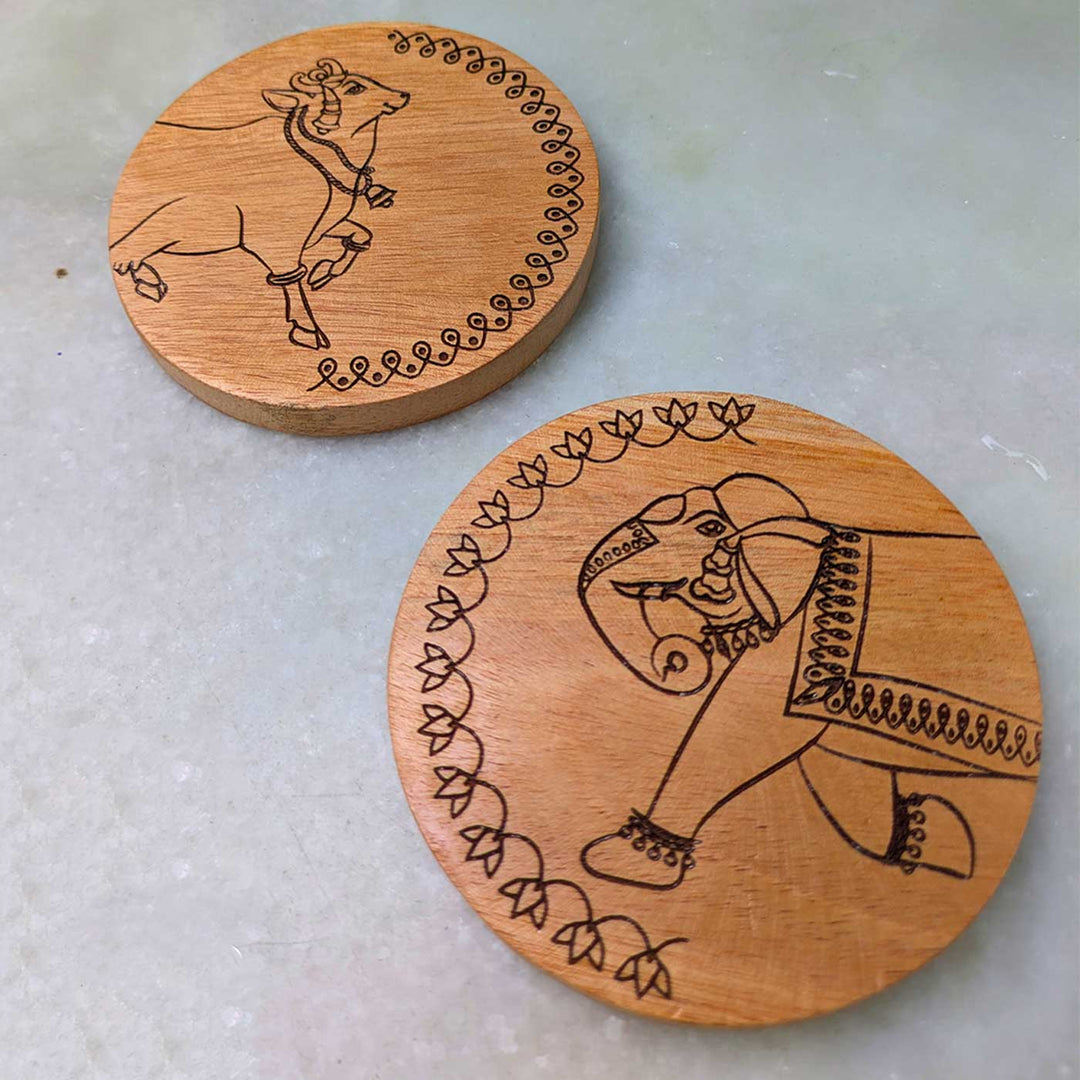 2 pc | Engraved Mahogany Wood Elephant & Cow Round Coasters For Coffee Table & Dining Decor