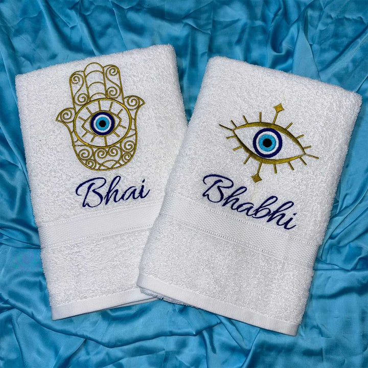 Personalized Embroidered Evil Eye Theme Cotton Bath Towel For Bhaiya And Bhabhi | Set Of 2