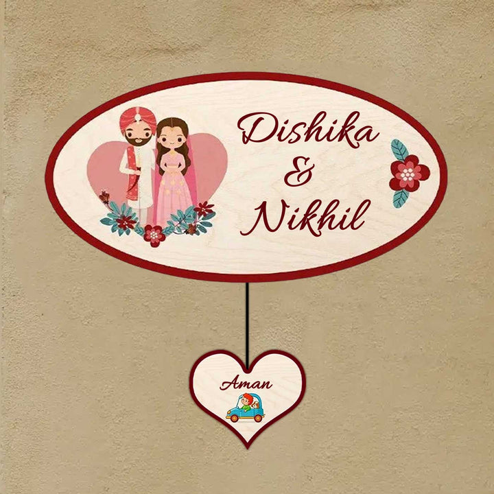 Printed Wooden Oval Sikh Couple Nameplate For Couples - Name Personalization Example Hanging Display