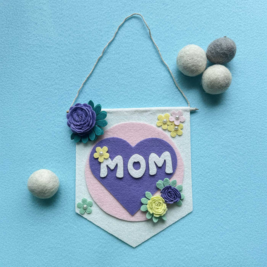 Personalized Handmade Floral Theme Felt Bunting 1 - Front View Hanging Flat on Surface