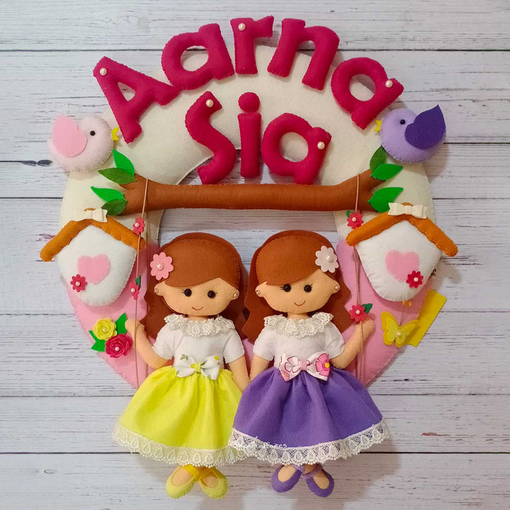 Personalized Sisters On Swing Theme Felt Kids Name Plate For Siblings - Front View with Name Personalization