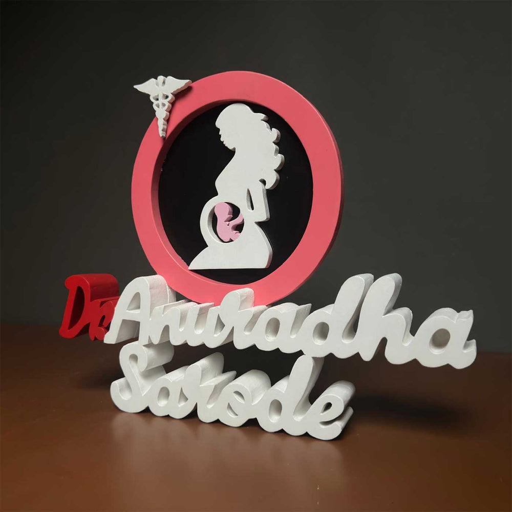 Personalized Gynaecologist Mdf Wood Desk Name Plate - Angled Side View with Name Display