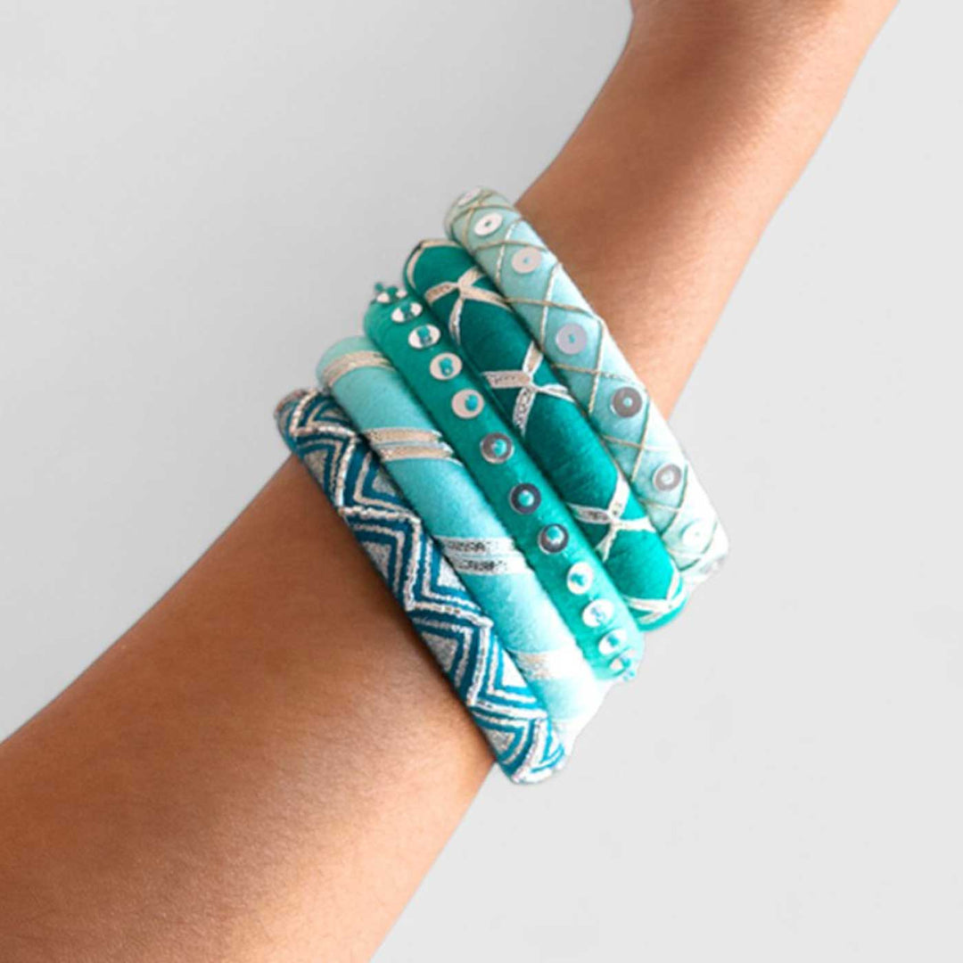 Aqua Blue Handcrafted Sequin & Silver Gotta Patti Bangles | Set of 5