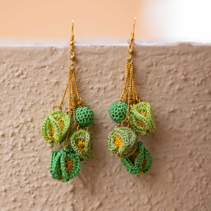 Handmade Crochet Green Bougainvillea Viscose Thread Swing Earrings