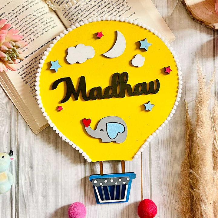 Personalized Hand Painted Hot Air Balloon Mdf Wood Kids Name Plate - Top View with Name Personalization