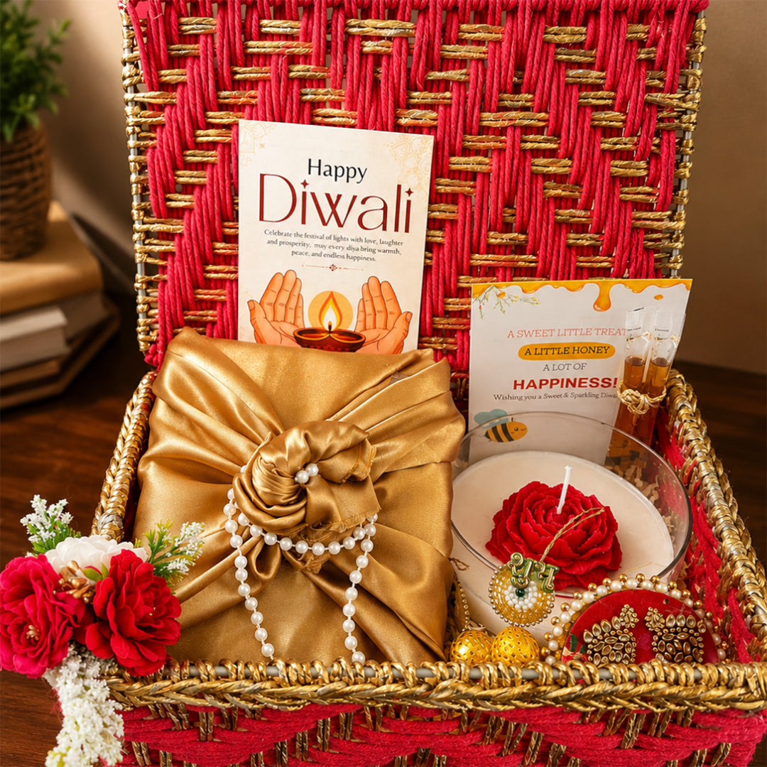 Crimson Bloom Red Basket Diwali Gift Hamper With Red Flower Soy Wax Candle And German Silver Tealight Holder For Festive Gifting