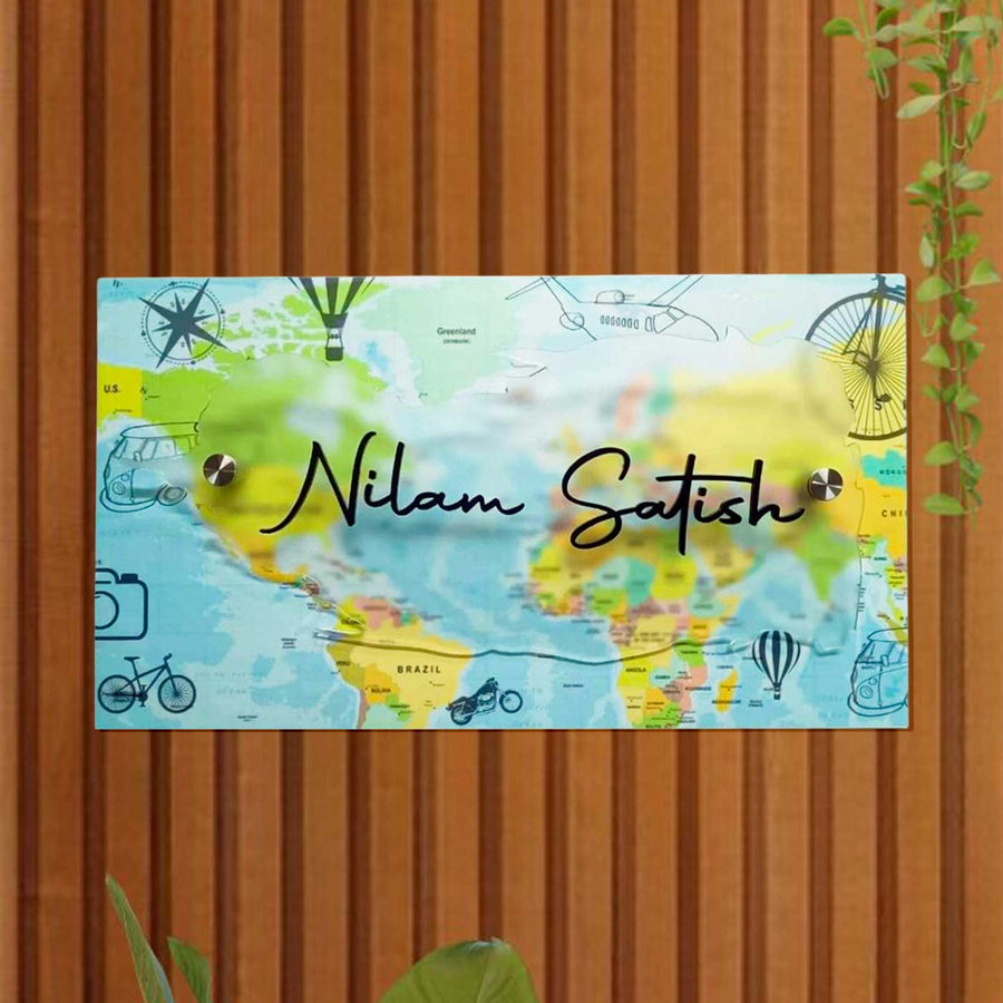 Personalized World Map Theme Acrylic Name Plate - Front View with Name Personalization