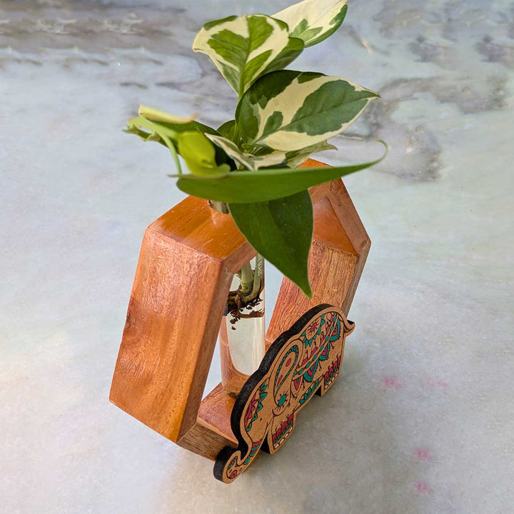 Hand-Painted Elephant Wooden Hexagon Test Tube Planter For Home Decor