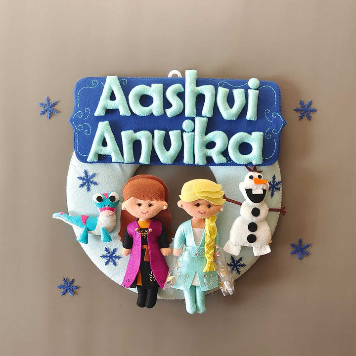 Personalized Frozen Theme Felt Kids Name Plate For Siblings - Front View with Name Personalization