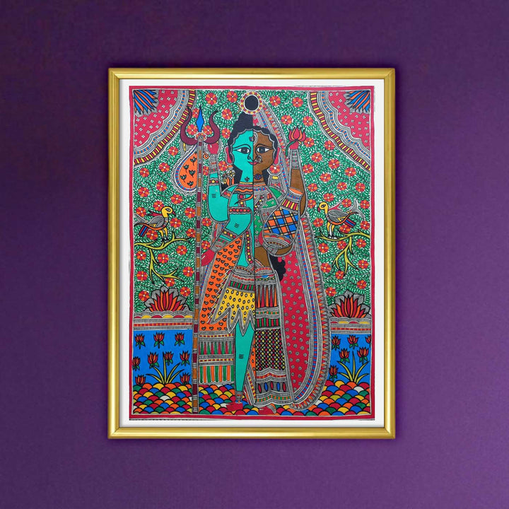 22 x 30 Inch | Half Shiva, Half Shakti | Original Hand Painted Madhubani Painting | Natural Pigments On Paper