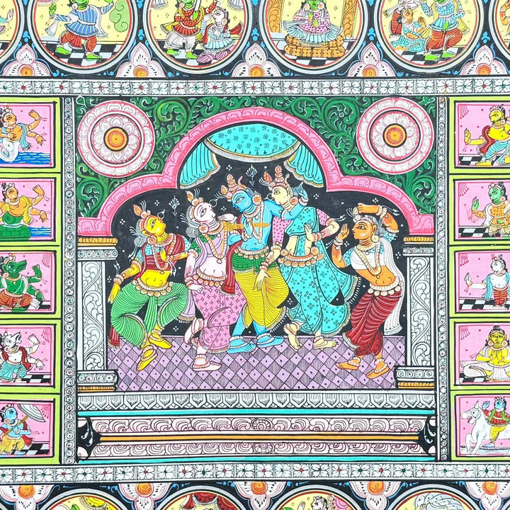 36 X 24 Inch | Handmade Canvas Krishna Rasleela With Dashavataar Painting