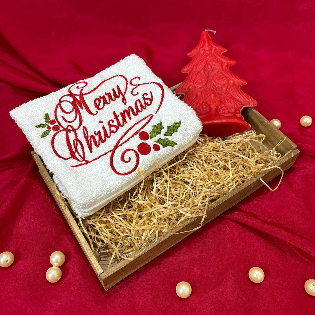 Personalized Merry Christmas Embroidered Towel & Candle Hamper | Secret Santa Gift Ideas | Set Of 3