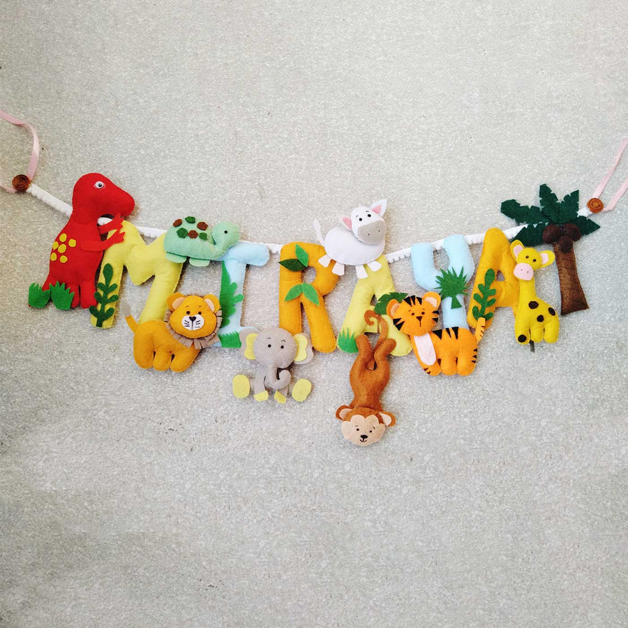 Personalized Jungle Theme Felt Bunting - Front View Hanging Banner Display