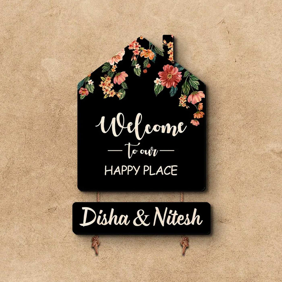 Personalized Black Floral Theme Mdf Wood Name Plate - Front View Hanging Sign Display