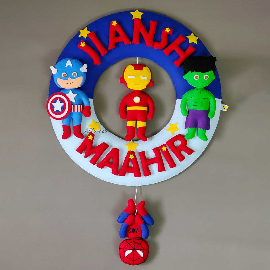 Personalized Avengers Theme Felt Kids Name Plate For Siblings - Front View Hanging on Wall