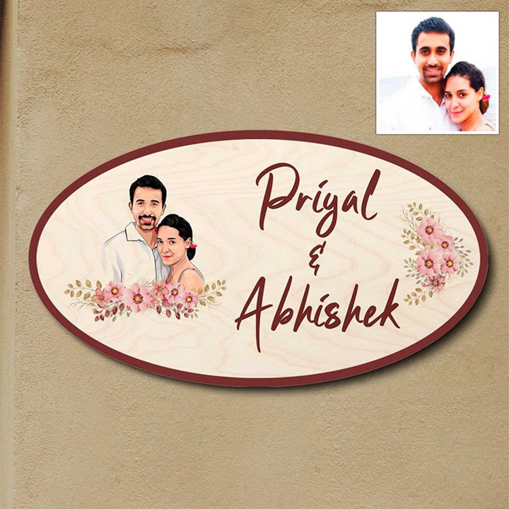 Printed Wooden Oval Character Nameplate For Couples 3 - Name Personalization Example with Illustration
