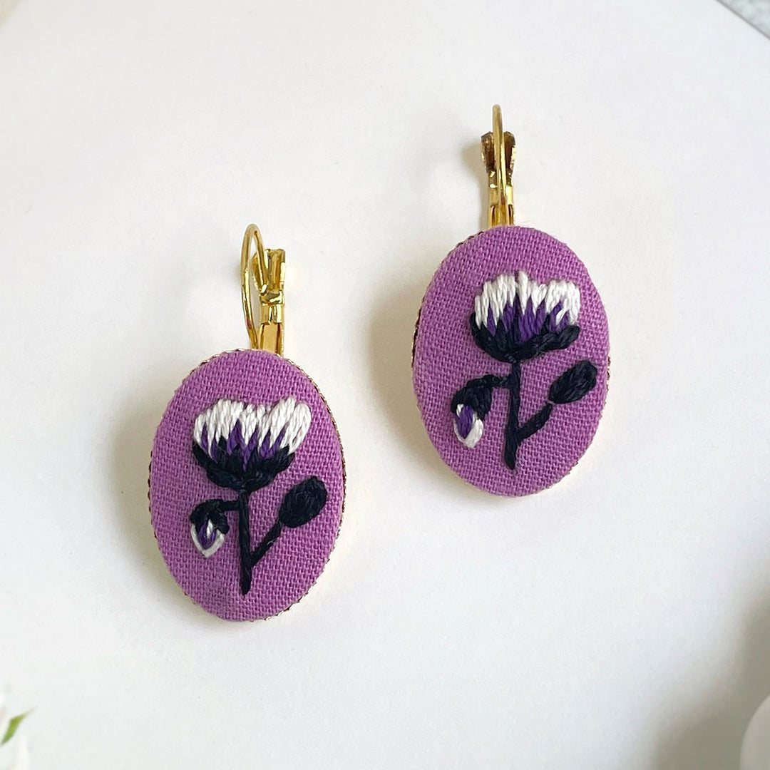Hand Embroidered Lilac Lustre Golden Tone Earrings