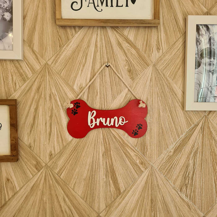 Personalized Red Bone Shaped MDF Wood Name Plate For Pets