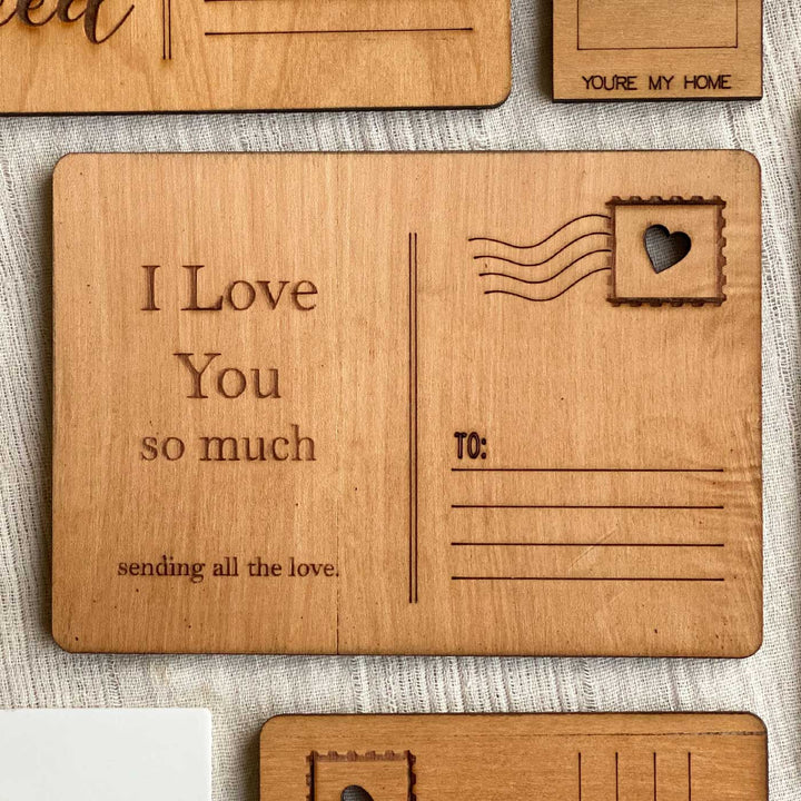 Engraved "I Love You So Much" Postcard Theme Wooden Greeting Card