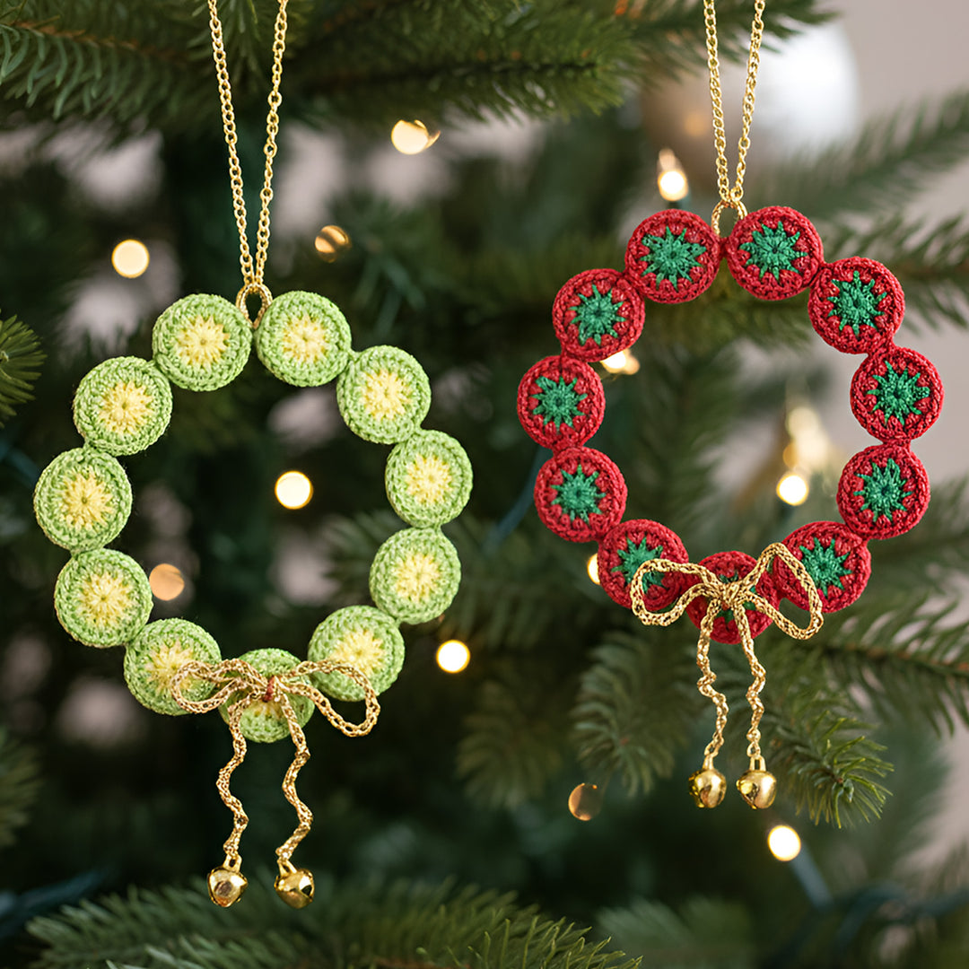 2 Pc | Handmade Green & Red Wreath Ornaments For Christmas Decoration
